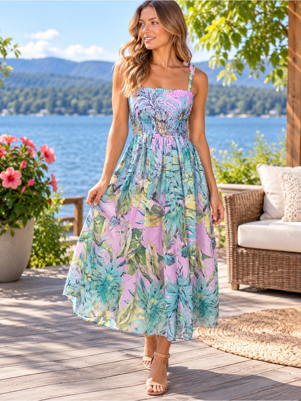 365) Hibiscus Floral Maxi Dress Smocked Bodice Tie Straps Boho Summer